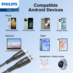 PHILIPS USB Type C Cable, USB-A to USB-C Black Braided Fast Charging Cable, Compatible with iPad Pro, iPhone 15, MacBook, Samsung Galaxy, Google Pixel (125cm USB-A to Type-C Cable) DLC4572A PHILIPS USB Type C Cable, USB-A to USB-C Black Braided Fast Charging Cable, Compatible with iPad Pro, iPhone 15, MacBook, Samsung Galaxy, Google Pixel (125cm USB-A to Type-C Cable) DLC4572A