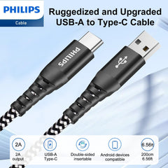 PHILIPS USB Type C Cable, USB-A to USB-C Black Braided Fast Charging Cable, Compatible with iPad Pro, iPhone 15, MacBook, Samsung Galaxy, Google Pixel (200cm USB-A to Type-C Cable) DLC4573A PHILIPS USB Type C Cable, USB-A to USB-C Black Braided Fast Charging Cable, Compatible with iPad Pro, iPhone 15, MacBook, Samsung Galaxy, Google Pixel (200cm USB-A to Type-C Cable) DLC4573A