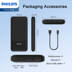 Philips Mobile Battery Power Bank 10,000mAh High capacity Lightweight 2 USB ports for simultaneous charging of 2 devices Phone charger iPhone iPad Android Various compatible DLP1811 Philips Mobile Battery Power Bank 10,000mAh High capacity Lightweight 2 USB ports for simultaneous charging of 2 devices Phone charger iPhone iPad Android Various compatible DLP1811