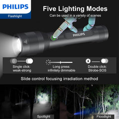 Philips Rechargeable LED Flashlights High Lumens, Adjustable Focus, 1000 Lumens Bright Powerful Handheld Flash Light, 5 Modes Flash Lights for Camping, Emergency, Hiking, Black SFL3601R Philips Rechargeable LED Flashlights High Lumens, Adjustable Focus, 1000 Lumens Bright Powerful Handheld Flash Light, 5 Modes Flash Lights for Camping, Emergency, Hiking, Black SFL3601R