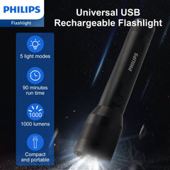Philips Rechargeable LED Flashlights High Lumens, Adjustable Focus, 1000 Lumens Bright Powerful Handheld Flash Light, 5 Modes Flash Lights for Camping, Emergency, Hiking, Black SFL3601R Philips Rechargeable LED Flashlights High Lumens, Adjustable Focus, 1000 Lumens Bright Powerful Handheld Flash Light, 5 Modes Flash Lights for Camping, Emergency, Hiking, Black SFL3601R
