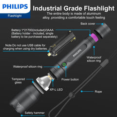 Philips Rechargeable LED Flashlights High Lumens, 1200 Lumens Bright Powerful Tactical Handheld Flash Light, 5 Modes IPX5 Waterproof Flash Lights for Camping, Emergency, Hiking, Black SFL5805R Philips Rechargeable LED Flashlights High Lumens, 1200 Lumens Bright Powerful Tactical Handheld Flash Light, 5 Modes IPX5 Waterproof Flash Lights for Camping, Emergency, Hiking, Black SFL5805R