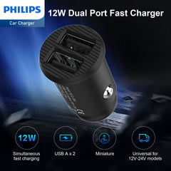 Philips Dual USB-A Port Car Charger with Lightning Cable (DLP2510L)