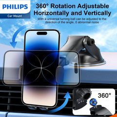 Philips 10W Qi Wireless Charging Car Mount, Auto-Clamping Phone Holder with Suction Cup Holder & Air Vent Clip for iPhone 15 14 13 12 11 Pro Max Xs, Samsung Galaxy S23 Ultra, etc DLK3532Q