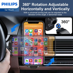 Philips Wireless Car Charger, 15W Qi Fast Charging Car Charger Phone Mount , Auto-Clamping Phone Holder with Suction Cup Holder & Air Vent Clip, fit for iPhone 14 13 12 11 Pro Max Xs, Samsung Galaxy S23 Ultra S22 DLK3525Q