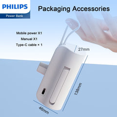 Philips Mini Portable Charger for iPhone with Cable, 4800mAh Power Bank Small Battery Pack Charger Compatible with Samsung Galaxy, LG,White  DLP2550CW