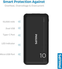 Philips 10000mAh Power Bank 5V/2.1A with Dual USB A and USB-C Input Ports, Portable Charger Battery Pack Fast Charging Universal Power Bank Black DLP1810NB/62