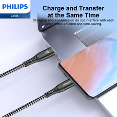 PHILIPS USB Type C Cable, USB-A to USB-C Black Braided Fast Charging Cable, Compatible with iPad Pro, iPhone 15, MacBook, Samsung Galaxy, Google Pixel (200cm USB-A to Type-C Cable) DLC4573A