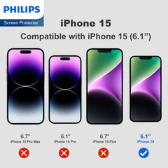 Philips HD Clear Glass Screen Protector Film for iPhone 15, Tempered Glass Explosion-proof Nano Coated Filter Anti-Oil Anti-Shatter Anti-Fingerprint Full Coverage Hardness 9H DLK1207