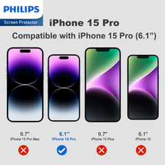 Philips HD Clear Glass Screen Protector Film for iPhone 15 Pro, Tempered Glass Explosion-proof Nano Coated Filter Anti-Oil Anti-Shatter Anti-Fingerprint Full Coverage Hardness 9H DLK1209