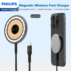 Philips Magnetic Wireless Charger Magsafe, 1.25m Type C Qi 15W Fast Charging wireless Charging Station Mag Wall Charger Pad for iPhone 14/13/12/AirPods Pro 2 Phone Black DLK3537Q