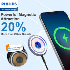 Philips Magnetic Wireless Charger Magsafe, 1.25m Type C Qi 15W Fast Charging wireless Charging Station Mag Wall Charger Pad for iPhone 14/13/12/AirPods Pro 2 Phone Black DLK3537Q