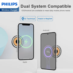 Philips Magnetic Wireless Charger Magsafe, 1.25m Type C Qi 15W Fast Charging wireless Charging Station Mag Wall Charger Pad for iPhone 14/13/12/AirPods Pro 2 Phone Black DLK3537Q