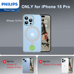 Philips Magnetic Case for iPhone 15 Pro, Anti-Scratch Ultra Crystal Clear Back Case with MagSafe, Shockproof Hard PC Back & Soft TPU, Non-Yellowing Full Bumper Protective Protection Phone Cover Case DLK6118TS