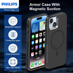 Philips iPhone 15 Armor Magnetic Case with MagSafe, Bumper Shell with Lanyards, Heavy Duty Dual-Layer Shockproof Drop Protection Phone Case for Men Women Anti-Slip Dustproof Shockproof - Black DLK6120B