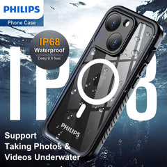 Philips iPhone 15 Plus Full Protection Waterproof Case with MagSafe,Built-in PET Camera Lens Protector 360 degree Body Heavy Duty Protective Phone Case Dustproof Shockproof Snow Proof Black DLK6208B