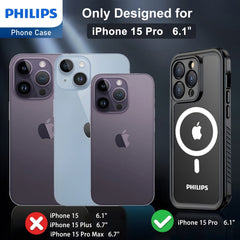 Philips iPhone 15 Pro Full Protection Waterproof Case with MagSafe, Built-in PET Camera Lens Protector 360 degree Body Heavy Duty Protective Phone Case Dustproof Shockproof Snow Proof Black DLK6209B