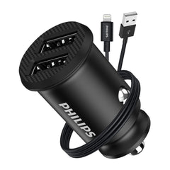 Philips Dual USB-A Port Car Charger with Lightning Cable (DLP2510L)