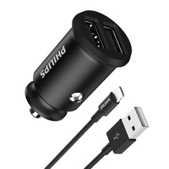 Philips Dual USB-A Port Car Charger with Lightning Cable (DLP2510L)