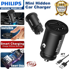 Philips Dual USB-A Port Car Charger with USB-C Cable (DLP2510T)