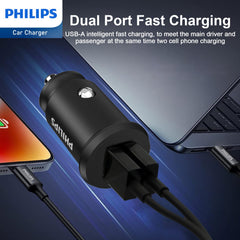 Philips Dual USB-A Port Car Charger with Lightning Cable (DLP2510L)