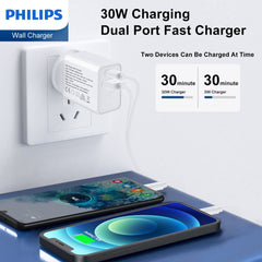 Philips 30W Power Adapter Wall Charger with 1.25m USB-C to USB-C Cable DLP4343C