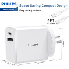 Philips 30W Power Adapter Wall Charger with 1.25m USB-C to USB-C Cable DLP4343C