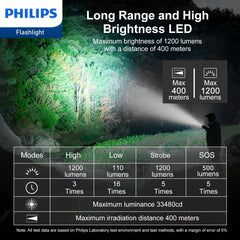 Philips Rechargeable LED Flashlights High Lumens, 1200 Lumens Bright Powerful Tactical Handheld Flash Light, 5 Modes IPX5 Waterproof Flash Lights for Camping, Emergency, Hiking, Black SFL5805R