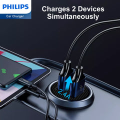 Philips Dual USB-A Port Car Charger with Lightning Cable (DLP2510L)