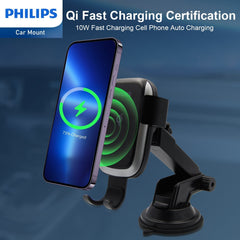 Philips 10W Qi Wireless Charging Car Mount, Auto-Clamping Phone Holder with Suction Cup Holder & Air Vent Clip for iPhone 15 14 13 12 11 Pro Max Xs, Samsung Galaxy S23 Ultra, etc DLK3532Q